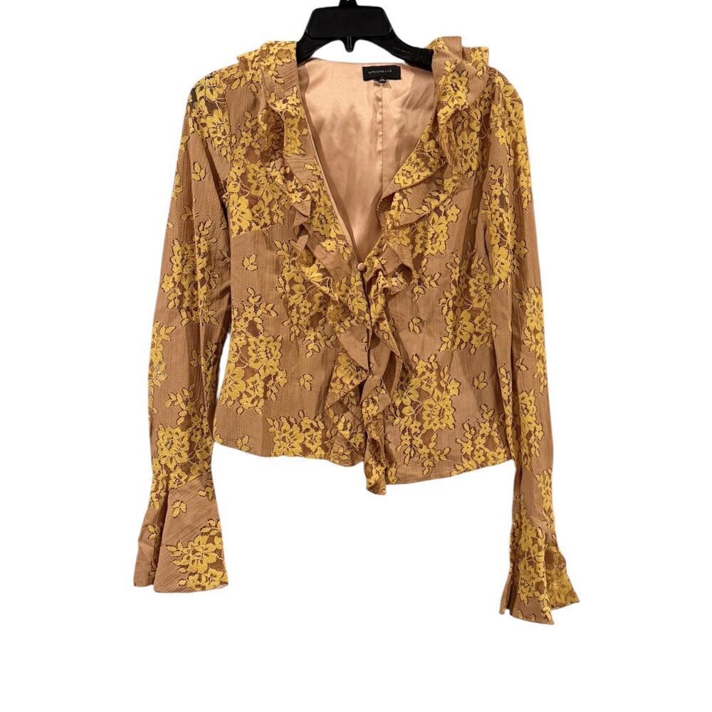 Majorelle Roma Top Golden Blush Women’s Small Ruffle V-Neck Floral Lace Fairy